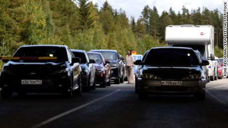 Vehicles at the border crossing point with Russia in Valima in Virulahti, Finland, on September 24, 2022.