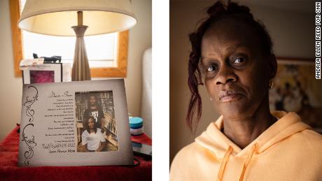 Left: A photo of Telly Blair and his mother, Marnette, rests on a table in their home in north Minneapolis. Right: Marnette Gordon, 61, mother of Telly Blair, 36, who lost his life to gun violence in north Minneapolis, photographed in her home.