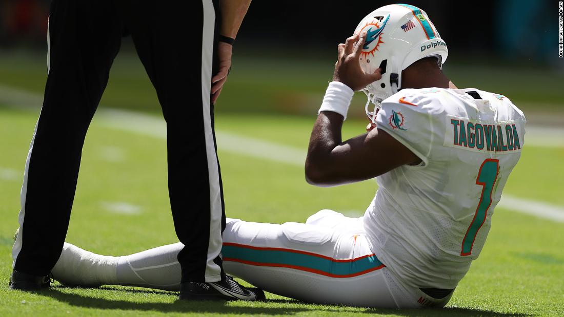 Dolphins QB Tua Tagovailoa sits on the turf in the second quarter of Miami&#39;s game against the Buffalo Bills. Tagovailoa was tackled by Matt Milano and his head hit the ground, causing the Miami man to be taken into the locker room to be evaluated for a concussion. He eventually came back to lead the Dolphins to victory, but the &lt;a href=&quot;https://edition.cnn.com/2022/09/26/sport/tua-tagovailoa-miami-dolphins-buffalo-bills-spt-intl/index.html&quot; target=&quot;_blank&quot;&gt;NFLPA is initiating a review of the injury and medical evaluation.&lt;/a&gt;