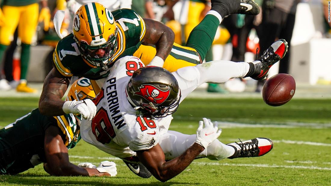 Tampa Bay Buccaneers wide receiver Breshad Perriman fumbles after catching a pass during the first half against the Green Bay Packers in Week 3. The fumble was one of two lost by the Bucs on the day, helping the Packers win a tight affair, 14-12, in Tampa Bay.
