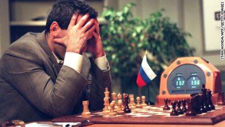 Kasparov looks at the chessboard before his next move in the early part of the fifth game against the IBM &#39;Deep Blue&#39; computer.