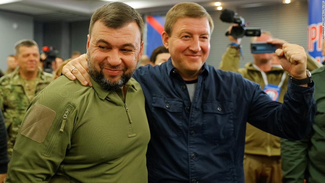 Head of the separatist self-proclaimed Donetsk People&#39;s Republic (DPR) Denis Pushilin, left, and Secretary of the United Russia Party&#39;s General Council Andrey Turchak attend a news conference on preliminary &lt;a href=&quot;https://edition.cnn.com/europe/live-news/russia-ukraine-war-news-09-28-22/h_8def30f207fe9997f5a09a7144e0afaf&quot; target=&quot;_blank&quot;&gt;results of a referendum on the joining of the DPR to Russia,&lt;/a&gt; in Donetsk, Ukraine, on September 27.