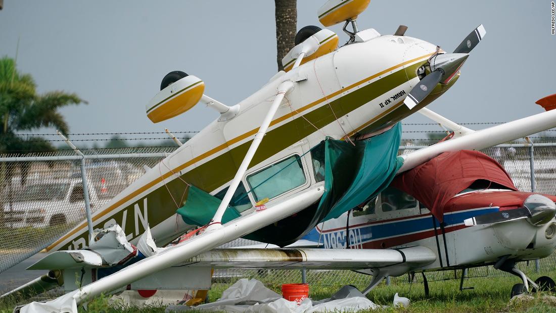 An airplane is overturned in Pembroke Pines, Florida, on Wednesday.
