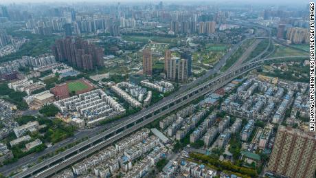 Aerial view of near-empty streets as Chengdu imposes city-wide static control to curb new COVID-19 outbreak on September 1, 2022 in Chengdu, Sichuan Province of China. 