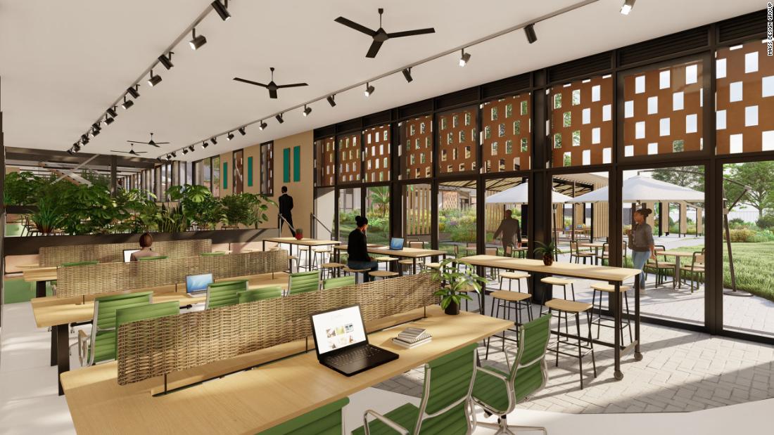 Norrsken Kigali House, shown in a rendering, is an entrepreneurship hub built on the site of a former school to reduce the build&#39;s carbon footprint. The hub uses natural ventilation and runs on solar energy. 