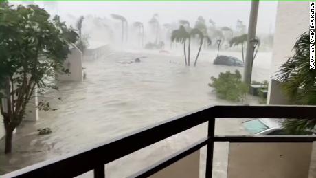 A frame from a video shot by Chip Lawrence shows intense flooding in Fort Myers Beach.