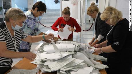 Members of a local electoral commission count ballots at a polling station in Crimea  on September 27 following a referendum on the joining of Russian-controlled regions of Ukraine to Russia.