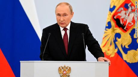 8287044 30.09.2022 Russian President Vladimir Putin delivers a speech during a ceremony of signing the agreements that will formally reunite Zaporizhzhia and Kherson regions, as well as the Donetsk and Lugansk People&#39;s Republics (DPR and LPR) with Russia at the Kremlin, in Moscow, Russia.