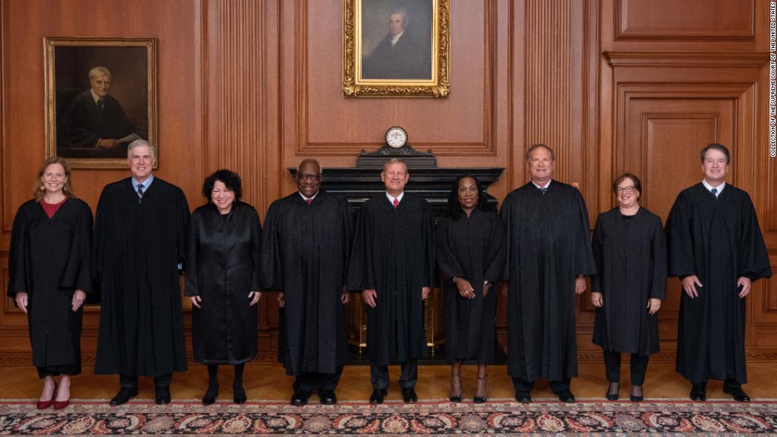 Jackson poses with other members of the Supreme Court as a&lt;a href=&quot;https://www.cnn.com/2022/09/30/politics/justice-ketanji-brown-jackson-investitutre/index.html&quot; target=&quot;_blank&quot;&gt; formal investiture ceremony&lt;/a&gt; was held in September 2022. From left are Amy Coney Barrett, Neil Gorsuch, Sonia Sotomayor, Clarence Thomas, Chief Justice John Roberts, Jackson, Samuel Alito, Elena Kagan and Brett Kavanaugh.