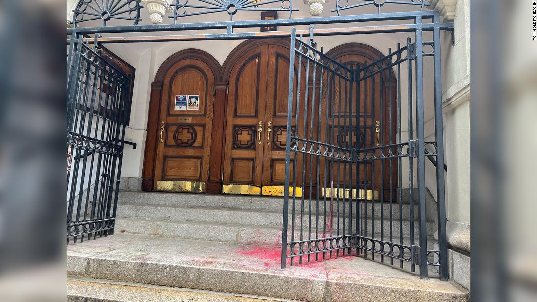 Steps of a Russian Orthodox cathedral in New York were splashed with red paint