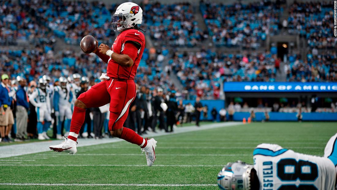 Arizona Cardinals QB Kyler Murray runs in a touchdown in the fourth against the Carolina Panthers at Bank of America Stadium on October 2 in Charlotte. Murray&#39;s TD was part of a fourth quarter flurry which saw the Cards pull away from the Panthers to go .500 on the year so far.