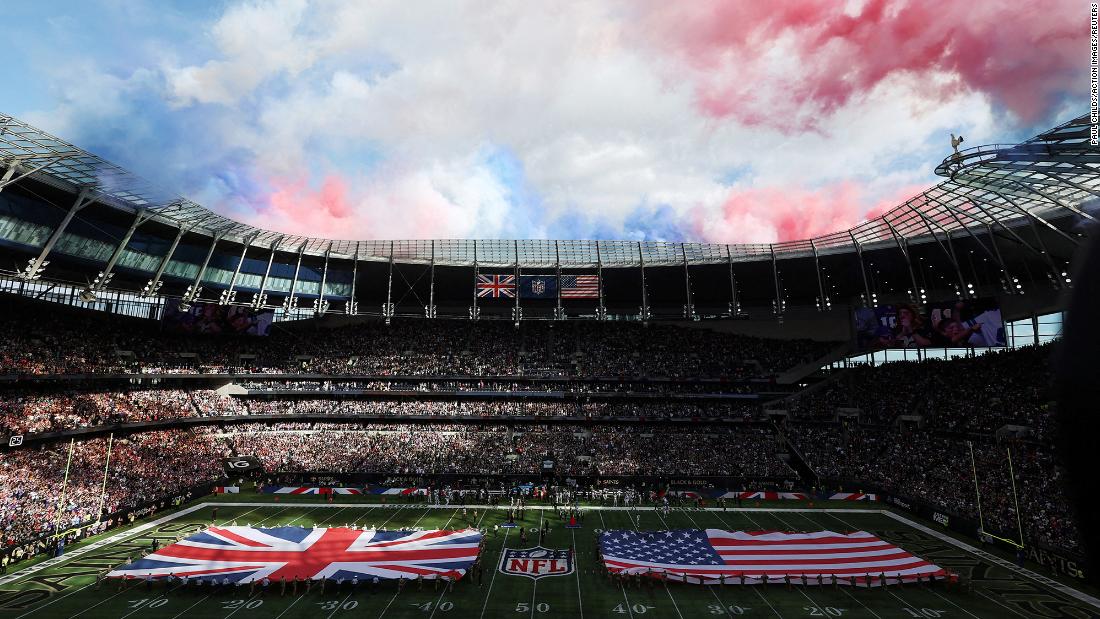 Fireworks and pyrotechnics go off ahead of the Minnesota Vikings and New Orleans Saints clash in London — the NFL&#39;s 100th international game. The Vikings won the game when the Saints&#39; &quot;double doink&quot; kick — when the ball hits two parts of the uprights on a scoring attempt — fell short and let Minnesota return to the US with the 28-25 win.