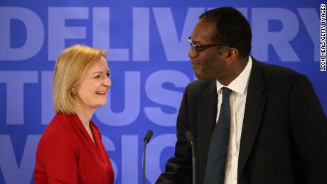 Secretary of State for Business, Energy and Industrial Strategy Kwasi Kwarteng (R) intridcues Conservative leadership candidate Liz Truss (L) as she launches her campaign to become the next Prime Minister on July 14, 2022 in London, England.