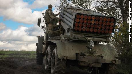 A rocket launcher is seen at a position along the front line in Donetsk region on Monday.