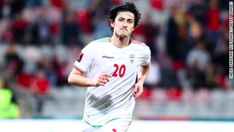 Sardar Azmoun is a key player for Iran. He is pictured after scoring in a World Cup qualifier match against Syria in the King Abdullah International Stadium on November 16, 2021 in Jeddah, Saudi Arabia.