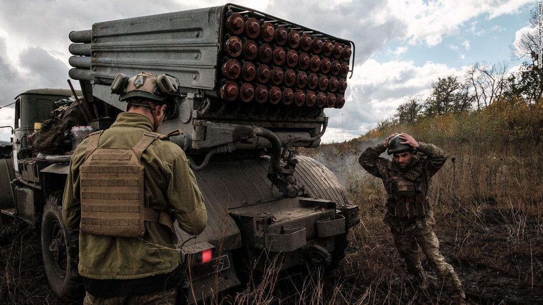 Ukrainian soldiers prepare to fire a BM-21 &#39;Grad&#39; multiple rocket launcher towards Russian positions in the Kharkiv region on October 4.