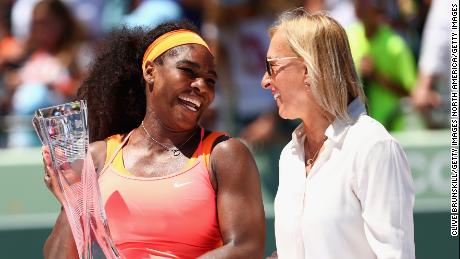 KEY BISCAYNE, FL - APRIL 04:  Serena Williams of the United States shares a joke with Martina Navratilova of the United States as she holds the Butch Bucholz Trophy after her straight sets victory against Carla Suarez Navarro of Spain in the final during the Miami Open Presented by Itau at Crandon Park Tennis Center on April 4, 2015 in Key Biscayne, Florida.  (Photo by Clive Brunskill/Getty Images)
