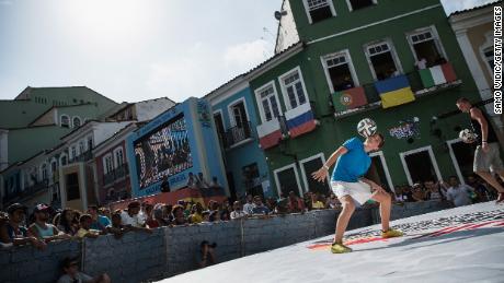 Fagerli competes on the Pelourinho square during the qualification for the Red Bull Street Style world final 2014.