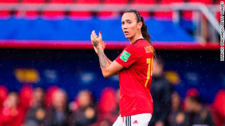 Virginia Torrecilla of Spain gestures during the 2019 FIFA Women&#39;s World Cup France group B match between Germany and Spain at Stade du Hainaut on June 12, 2019 in Valenciennes, France.