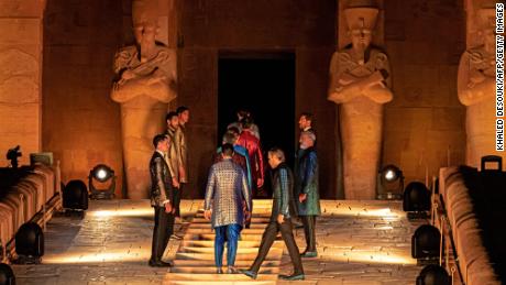 Models present creations by Italy&#39;s iconic fashion house Stefano Ricci at the temple of the ancient Egyptian Pharaoh Hatshepsut on the west bank of the Nile river, off Egypt&#39;s southern city of Luxor, on October 9.  
