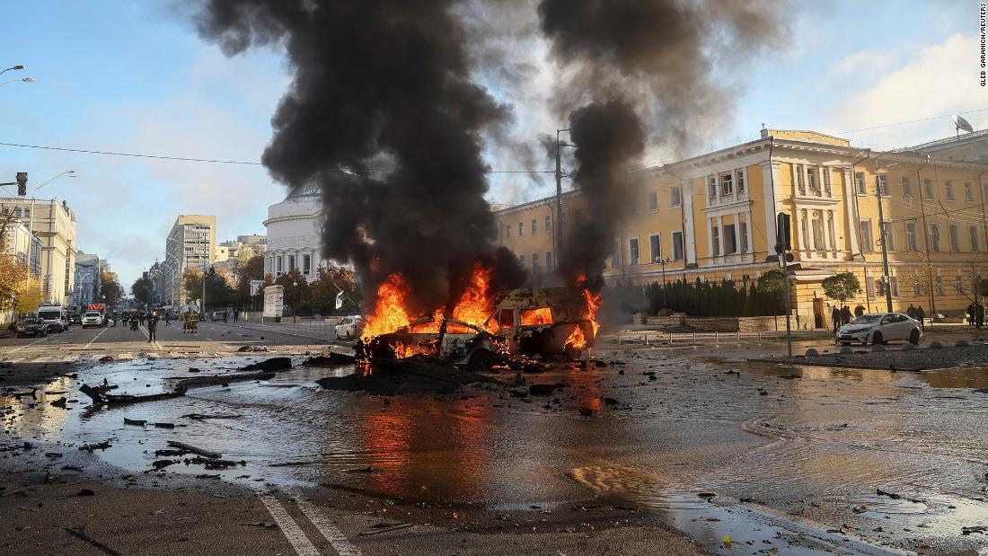 Cars burn after a &lt;a href=&quot;https://edition.cnn.com/2022/10/11/politics/putin-rage-against-civilians-analysis/index.html&quot; target=&quot;_blank&quot;&gt;Russian military strike&lt;/a&gt; in central Kyiv, Ukraine, on October 10. At least 19 people were killed and more than 100 injured in Russian missile strikes on Kyiv and other Ukrainian cities on Monday as Moscow targeted critical energy infrastructure.