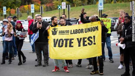 Amazon Labor Union members rallied at the ALB1 Warehouse in Schodack, New York on October 10, 2022 ahead of their labor union election.