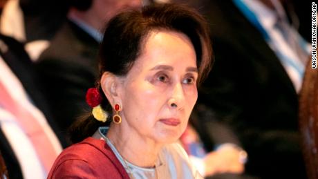 Myanmar&#39;s former leader Aung San Suu Kyi seen at an ASEAN-UN summit in Nonthaburi, Thailand, on November 3, 2019. 