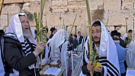 Ultra-Orthodox Jewish men, wearing traditional Jewish prayer shawls known as Tallit and holding the four plant species of closed date palm tree fronds, citrus, myrtle and willow-branches as they perform the annual Cohanim prayer (priest&#39;s blessing) during the holiday of Sukkot, or the Feast of the Tabernacles, at the Western Wall in the old city of Jerusalem on Wednesday.  