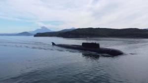 A still image from video, released by the Russian Defence Ministry, shows what it said to be a Russian nuclear-powered submarine sailing during the military drills Umka-2022 in the Chukchi Sea, in this still image taken from handout footage released September 16, 2022. Russian Defence Ministry/Handout via REUTERS  ATTENTION EDITORS - THIS IMAGE WAS PROVIDED BY A THIRD PARTY. NO RESALES. NO ARCHIVES. MANDATORY CREDIT.