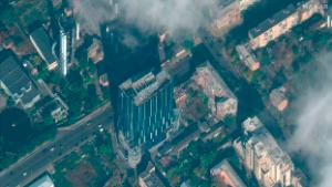 This satellite image provided by Maxar Technologies shows damage to a Samsung office building and a power station in Kyiv, Ukraine on Wednesday, Oct. 12, 2022, after a Russian attack. (Maxar Technologies via AP)