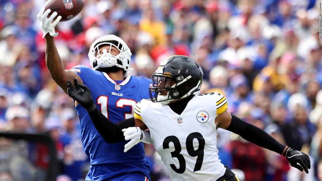 Gabe Davis of the Buffalo Bills makes a one-handed catch for a touchdown against Minkah Fitzpatrick of the Pittsburgh Steelers during the second quarter at Highmark Stadium. The Bills dominated the Steelers 38-3 with Davis scoring two touchdowns on the day.