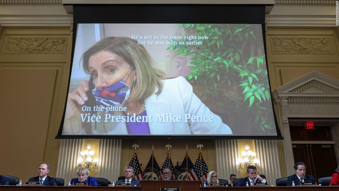 A video of House Speaker Nancy Pelosi is played during the hearing on October 13. The committee aired &lt;a href=&quot;https://www.cnn.com/politics/live-news/jan-6-hearing-livestream-10-13-2022#h_f9536f8593b3ec4a84653366d50fdf77&quot; target=&quot;_blank&quot;&gt;previously unseen footage from Fort McNair,&lt;/a&gt; the DC-area Army base where congressional leaders took refuge during the insurrection and scrambled to respond to the unfolding crisis.