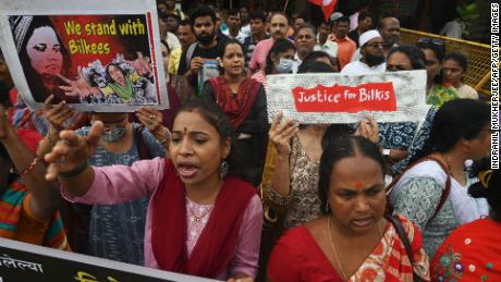 Women in Mumbai attend a protest against the men&#39;s release in Mumbai on August 23, 2022.