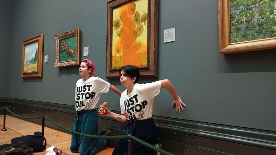 Fossil fuel protesters charged after tomato soup thrown on Van Gogh’s ‘Sunflowers’ in London gallery