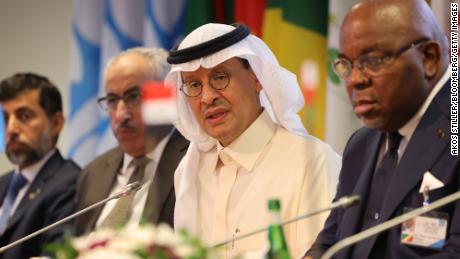 Abdulaziz bin Salman, Saudi Arabia&#39;s energy minister, center, speaks during a news conference following a meeting of OPEC+ countries in Vienna, Austria, on October 5. 