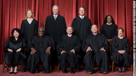 Justices Sonia Sotomayor, Clarence Thomas, Chief Justice John G. Roberts, Jr., and Justices Samuel A. Alito and Elena Kagan.  Standing from left are Justices Amy Coney Barrett, Neil M. Gorsuch, Brett M. Kavanaugh, and Ketanji Brown Jackson.