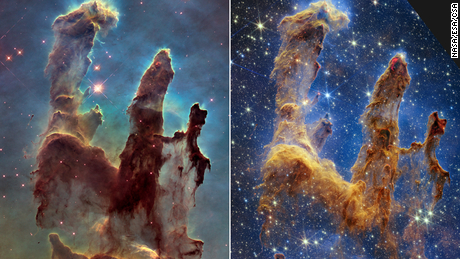 The Pillars of Creation, in the Eagle Nebula, is a star-forming region captured in a new image (right) by the James Webb Space Telescope that reveals more detail than a 2014 image (left) by Hubble.