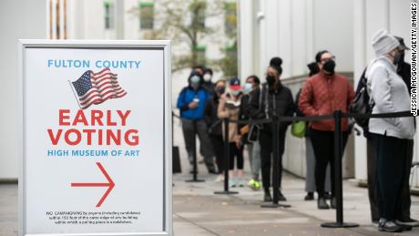 Voters line up for the first day of early voting outside of the High Museum polling station on December 14, 2020 in Atlanta, Georgia. Georgians are headed to the polls to vote in a run off election for two U.S. Senate seats.