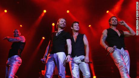 Keating (center left) on stage with Boyzone during a performance at London&#39;s 02 Arena in 2008.