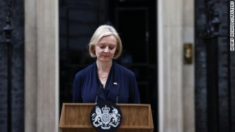 British Prime Minister Liz Truss announces her resignation, outside Number 10 Downing Street, on October 20.