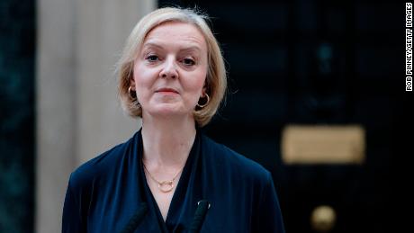 Prime Minister Liz Truss delivers her resignation speech at Downing Street on October 20, 2022 in London, England.\