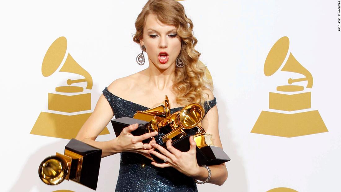 Swift drops one of her four Grammys at the 52nd annual Grammy Awards in Los Angeles in 2010. That year she won album of the year, best country album, best female country vocal performance and best country song.