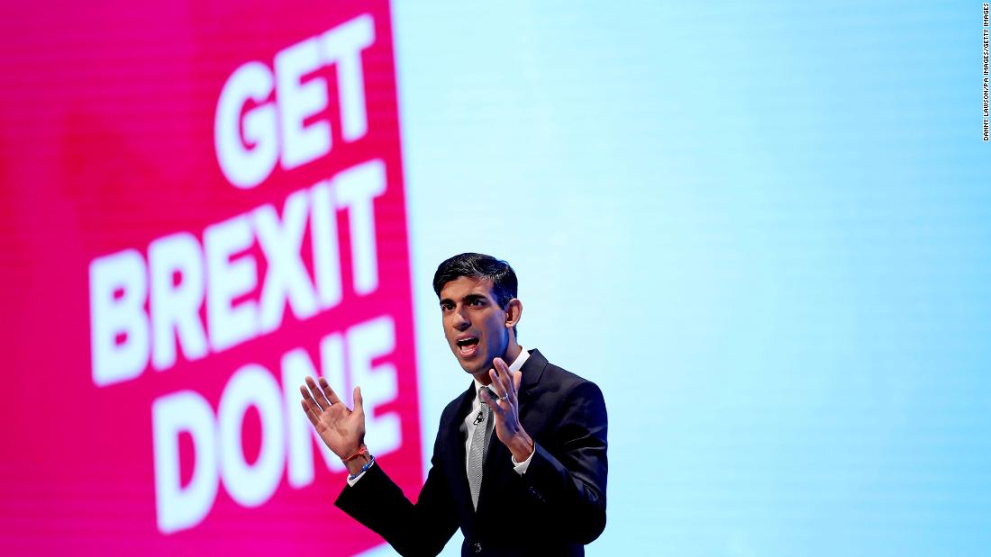 Sunak speaks in front of the words &quot;Get Brexit Done&quot; at the Conservative Party Conference in Manchester, England, in September 2019. He voted for the UK to leave the European Union in the 2016 referendum.