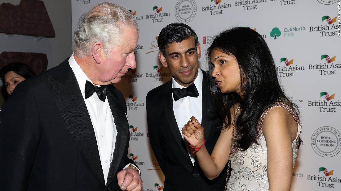 Sunak and his wife, Akshata Murty, speak to Prince Charles during a reception at the British Museum in London in February 2022. Murty is the daughter of an Indian billionaire. Earlier this year, Sunak and Murty appeared on the Sunday Times Rich List of &lt;a href=&quot;https://www.thetimes.co.uk/article/rishi-sunak-akshata-murty-net-worth-sunday-times-rich-list-86ls8n09h&quot; target=&quot;_blank&quot;&gt;the UK&#39;s 250 wealthiest people&lt;/a&gt;. The newspaper estimated their joint net worth at £730 million ($826 million).