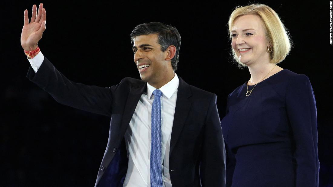 Sunak and Liz Truss stand together on stage during the final Conservative Party Hustings event in London in August 2022. At the time, they were the final two contenders to become the country&#39;s next Prime Minister. Truss defeated Sunak with 81,326 votes to 60,399 among party members. When she announced her resignation weeks later, he became the frontrunner to replace her.