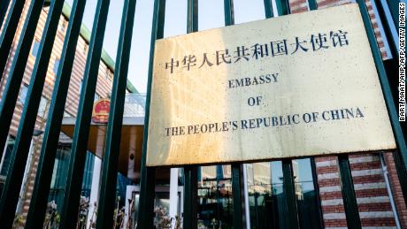 This picture taken on March 22, 2021 shows the entrance of the China embassy in the Netherlands in The Hague as the Dutch government summoned the Chinese ambassador after a lawmaker was among 10 Europeans sanctioned by Beijing in a row with the EU over the Uighur crackdown, the foreign ministry said. - The MP targeted by the Chinese measures, Sjoerd Sjoerdsma of the centre-left D66 party, said Beijing&#39;s reaction showed it was vulnerable to pressure over what he called &quot;genocide&quot; in Xinjiang province.