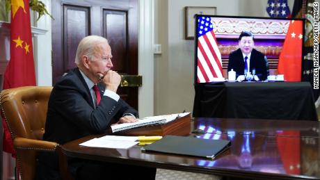 US President Joe Biden meets with China&#39;s President Xi Jinping during a virtual summit from the Roosevelt Room of the White House in Washington, DC, November 15, 2021.