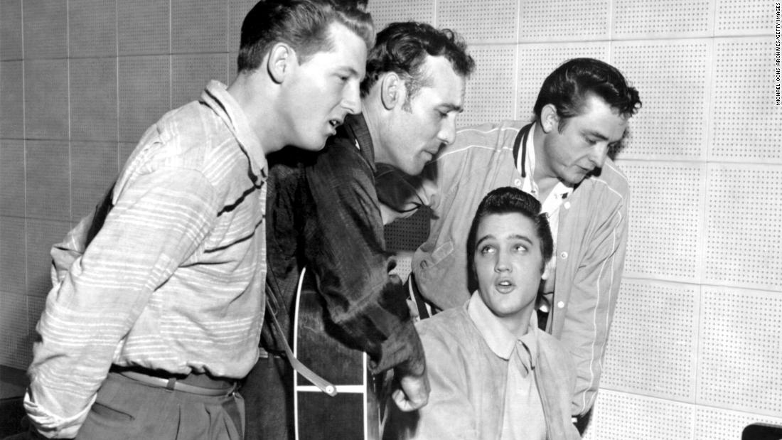 From left, Lewis joins Carl Perkins, Elvis Presley and Johnny Cash for a one-night jam session in Memphis, Tennessee, in 1956. The recording at Sun Studios was called the Million Dollar Quartet, and it became a seminal moment in rock history.