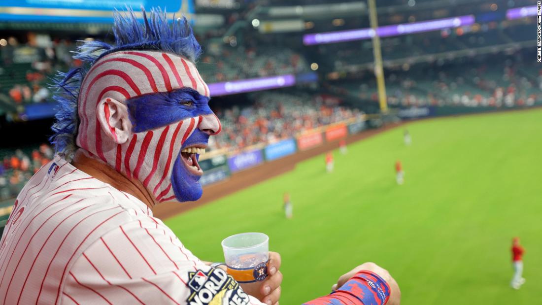 A Phillies fan enjoys the pregame atmosphere at Minute Maid Park.