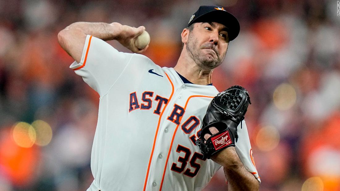 Houston starting pitcher Justin Verlander throws during the first inning of Game 1. He started hot, retiring the first nine batters he faced.